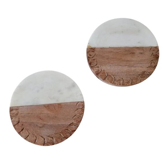 Handmade Marble and Wood Round Coaster Set of 2 Acacia Wood White Marble - Picture 1 of 7